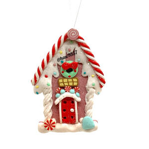 New Pink Gingerbread House Christmas Tree Ornament Peppermint Wreath Snow Capped